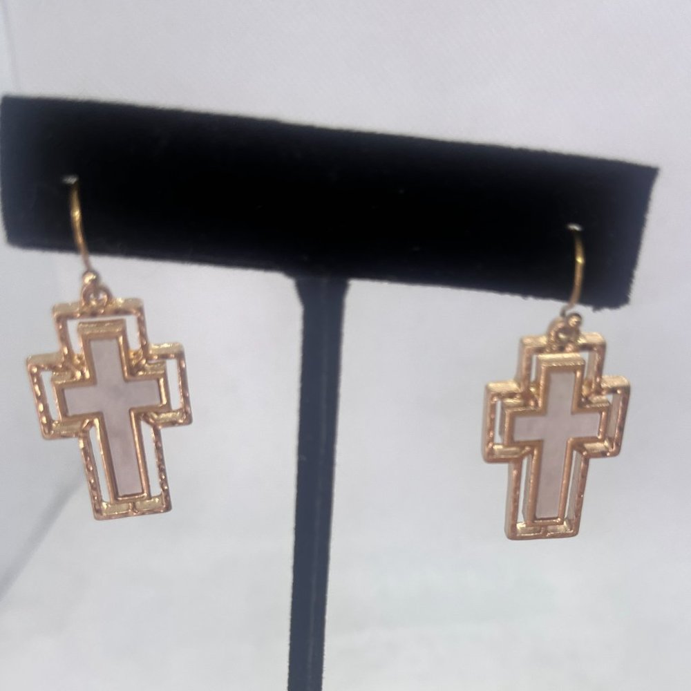 Hammered Gold and White Cross Earrings